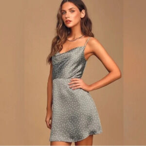 Lulus Spot in My Heart Polka Dot Gray Satin Cowl Neck Mini Dress